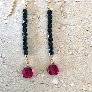 Black Spinel Earrings Pink Quartz Earrings Long Black Spinel Earrings Linear Hot Pink Quartz Earrings Gemstone Black Spinel Handmade Earring