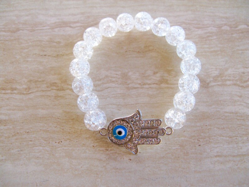 Evil Eye Bracelet Hamsa Hand Cracked Crystal Quartz Stretch Etsy