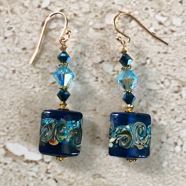 Murano Earrings Venetian Glass Earrings Swirl Cobalt and Aqua Murano Earrings Blue Dangle Earrings Handmade Jewelry