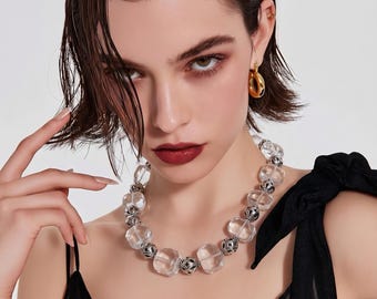 Crystal Quartz and Sterling Silver Necklace Clear Quartz Choker Necklace Statement Rock Crystal Gemstone Necklace Sterling Silver Handmade