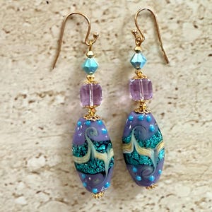 Lampwork Earrings Lampwork Long Earrings Lampwork Handmade Earrings Swarovski Crystal  Violet Lampwork Dangle Earrings Handmade