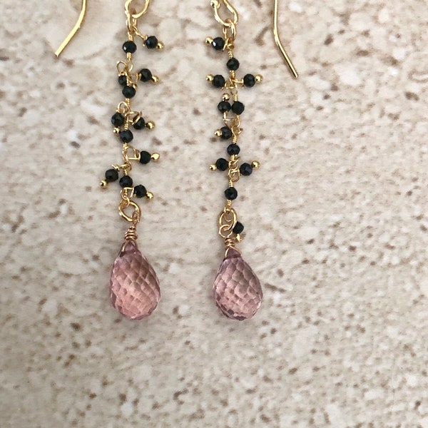 Pink Topaz Earrings Black Spinel Rosary Chain Earrings Pink Topaz Long Earrings Gemstone Earrings Linear Black Spinel Shoulder Earrings