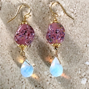 Lampwork  Earrings Millefiori Bead Earrings Glass Bead Earrings Opalite Teardrop Earrings Pink Earrings Lampwork Drop Earrings Handmade