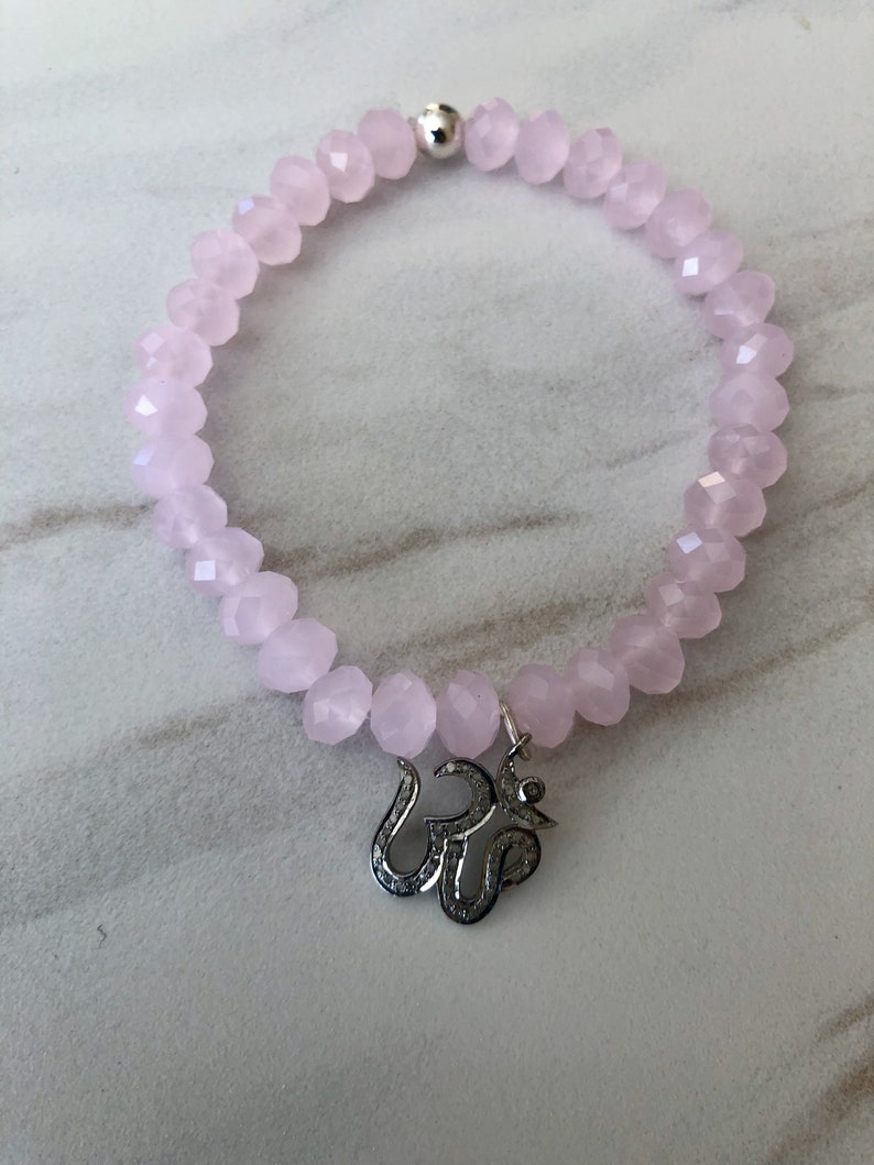 Ohm Bracelet Rose Quartz Gemstone Bracelet Diamond Ohm Bracelet Yoga Bracelet Diamond Beaded Bracelet Diamond Ohm Rose Quartz Bracelet
