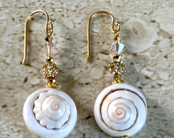 Shiva Eye Shell Earrings Pink Shiva Eye Dangle Earrings Shiva Eye Shell Natural Pink Earrings Beachy Earrings Handmade