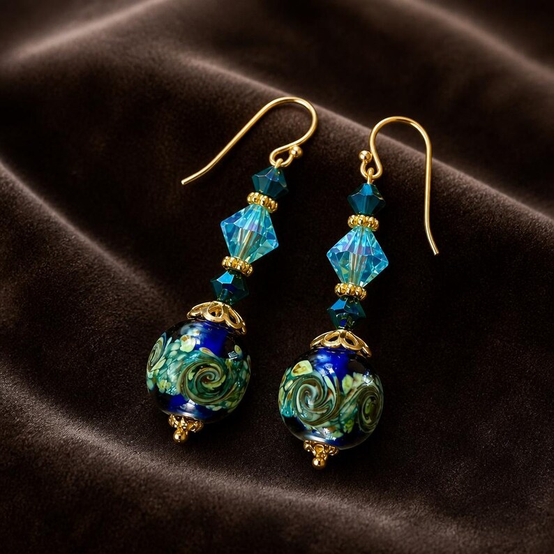 Murano Glass Earrings Venetian Glass Earrings Swirl Cobalt and Aqua Murano Earrings Blue Dangle Earrings Handmade Jewelry bild 3