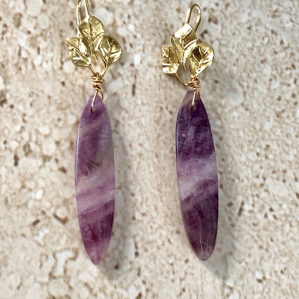 Purple Fluorite Earrings Long Purple Fluorite Earrings Fluorite Dangle Earrings Gemstone Earrings Handmade Flourite Earrings