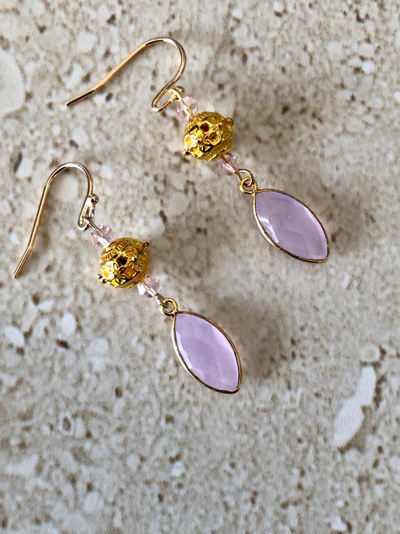 Rose Quartz Sterling Silver earrings, pink earrings, Rose Quartz and Garnet  earrings. Half Moon Dangle Earring, Long Silver Hook Earring