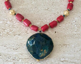 Coral Necklace Coral and Blue Jasper Statement Necklace Coral Pendant Necklace Chunky Necklace Bold Necklace