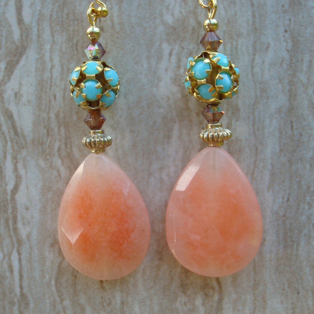 Peach Quartz Dangle Earrings Peach Quartz Drop Earrings Quartz Etsy