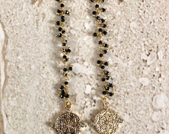 Black Spinel Earrings Rosary Chain Earrings Compass CZ Linear Earrings Shoulder Earrings Black Spinel Duster Earrings Handmade Gift for Her