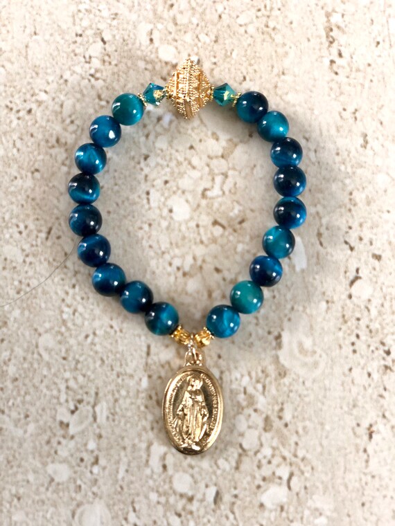 Virgin Mary Bracelet Blessed Mother Bracelet Religious Bracelet Miraculous Mother Bracelet St. Mary Bracelet Teal Tigers Eye Faith Jewelry Etsy