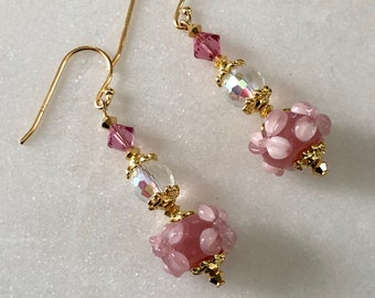 Lampwork Earrings Pink Lampwork Earrings Lampwork Dangle Earrings Crystal Earring Pink Earrings Handmade Lampwork Earrings Crystal