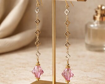 Long Earrings Swarovski Rose A/B  Long Earrings Linear Pink Long Earrings Crystal Handmade Quatrefoil Chain Shoulder Earrings