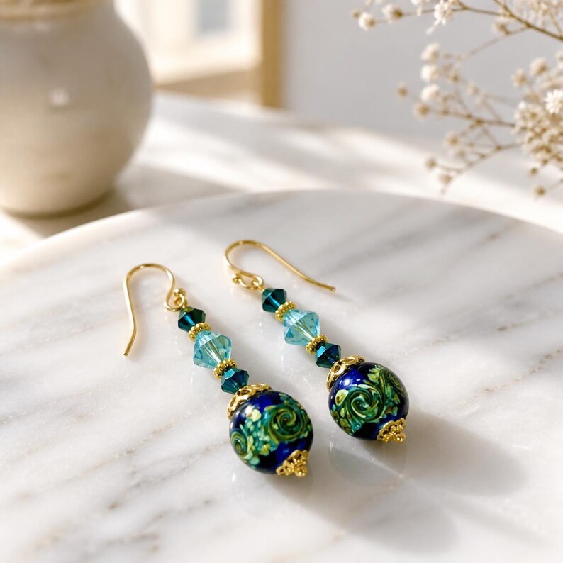 Murano Glass Earrings Venetian Glass Earrings Swirl Cobalt and Aqua Murano Earrings Blue Dangle Earrings Handmade Jewelry bild 5