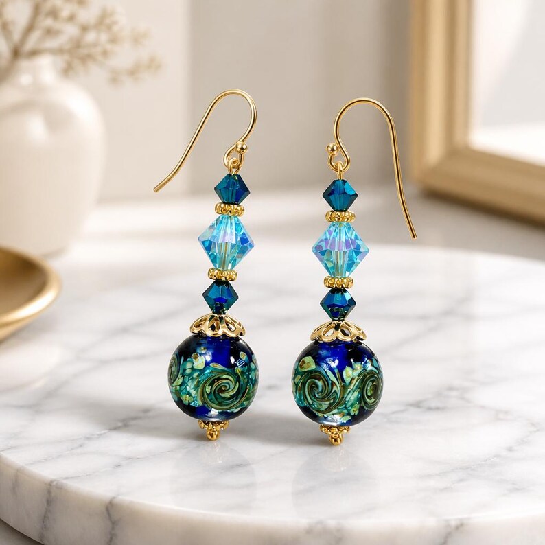 Murano Glass Earrings Venetian Glass Earrings Swirl Cobalt and Aqua Murano Earrings Blue Dangle Earrings Handmade Jewelry bild 2