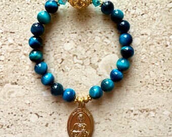 Saint Jude Bracelet St Jude Jewelry Religious Gift Saint Jude Patron Saint of Lost Causes Teal Tiger’s Eye Religious Gift Faith Jewelry