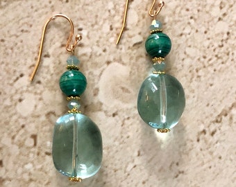 Aqua Quartz Earrings Malachite Earrings Freeform Aqua Quartz Nugget Earrings Malachite Dangle Earrings Gemstone Earrings Blue Quartz Earring