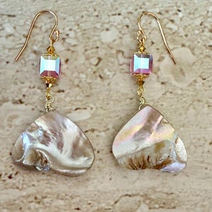 Mother of Pearl Shell Earrings Mother of Pearl Pink Crystal Dangle Earrings MOP Earrings Shell Earrings Handmade MOP Dangle Earrings