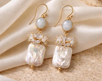 Moonstone Moonstone Earrings Pearl Earrings Gemstone Moonstone Dangle Earrings Handmade June Birthstone Pearl Dangle Earrings Moonstone