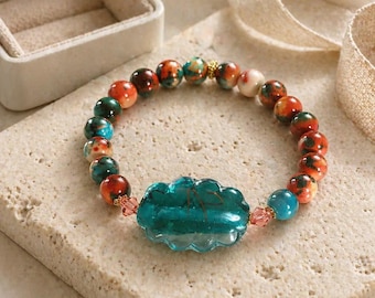 Venetian Glass Bracelet Matrix Turquoise Bracelet Murano Glass Bracelet Teal and Orange Bracelet Gemstone