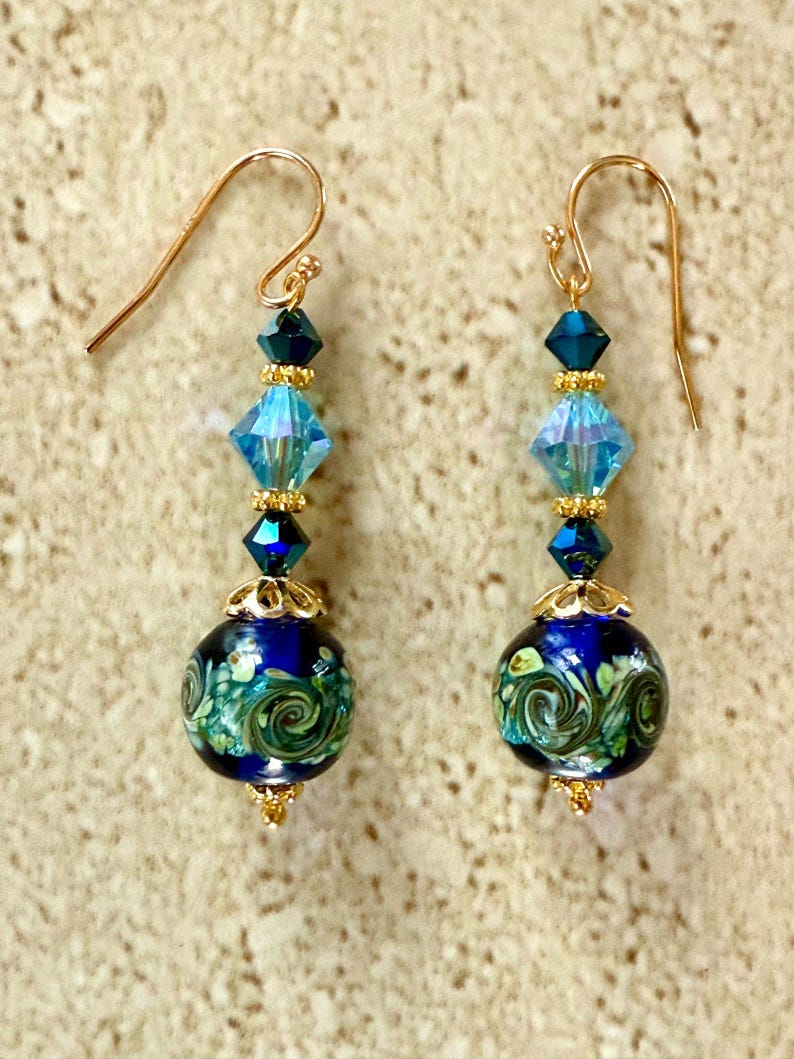 Murano Glass Earrings Venetian Glass Earrings Swirl Cobalt and Aqua Murano Earrings Blue Dangle Earrings Handmade Jewelry bild 8