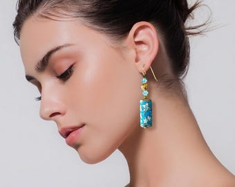 Cloisonné Earrings Aqua Enamel Earrings Long Cloisonné Earrings Statement Earrings Boho Earrings Aqua Handmade Earrings