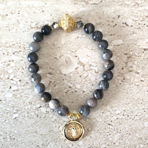 Saint Benedict Bracelet San Benito Bracelet Black Moonstone Religious Gift St Benedict Jewelry Protection Jewelry Faith Jewelry Handmade
