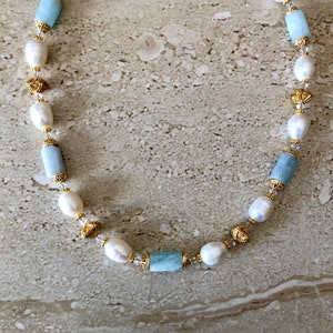 Aquamarine Necklace Pearl Necklace March Birthstone June Birthstone Aquamarine Choker Pearl Choker Gemstone Necklace Statement Necklace