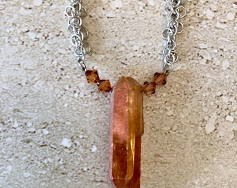 Spike Necklace Mystic Peach Quartz Spike Pendant Rough Cut Titanium Spike Necklace Layering Necklace Gemstone Pendant