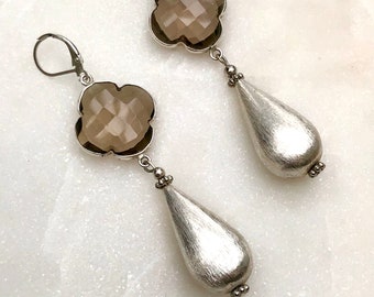 Smoky Quartz Earrings Quatrefoil Earrings Gemstone Earrings Brushed Sterling Silver Earrings Gemstone Dangle Earrings Clover Earrings Silver