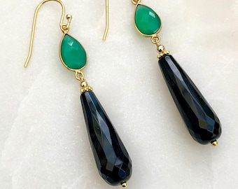 Green Onyx Earrings Black Onyx Earrings Onyx Dangle Earrings Gemstone Earrings Black and Green Earrings Onyx Drop Earrings Statement Earring