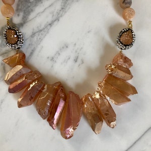 Mystic Peach Titanium Spike Necklace Spike Rainbow Quartz Chunky Necklace Quartz Bib Necklace Statement Necklace Titanium Spike Necklace