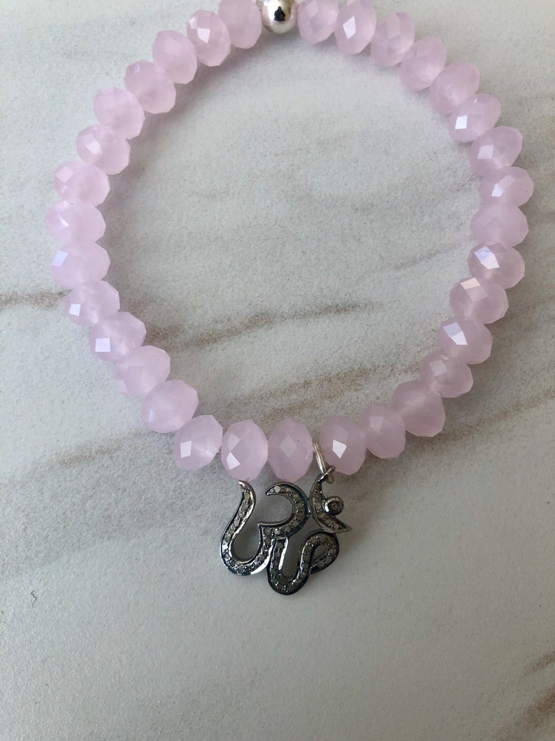 Ohm Bracelet Rose Quartz Gemstone Bracelet Diamond Ohm Bracelet Yoga Bracelet Diamond Beaded Bracelet Diamond Ohm Rose Quartz Bracelet