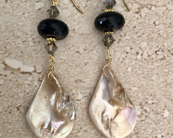 Black Onyx Earrings Black Onyx Dangle Earrings Iridescent Shell Long Earrings MOP Earrings Gemstone Earrings Black Onyx Long Earrings