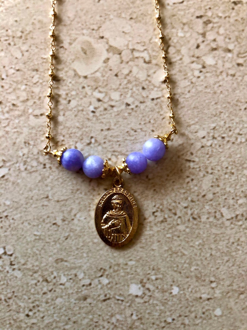 Saint Peregrine Necklace Saint Peregrine Pendant St Peregrine Necklace Patron Saint of Cancer Patients Purple Jade Religious Necklace image 2