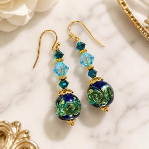 Murano Glass Earrings Venetian Glass Earrings Swirl Cobalt and Aqua Murano Earrings Blue Dangle Earrings Handmade Jewelry bild 4