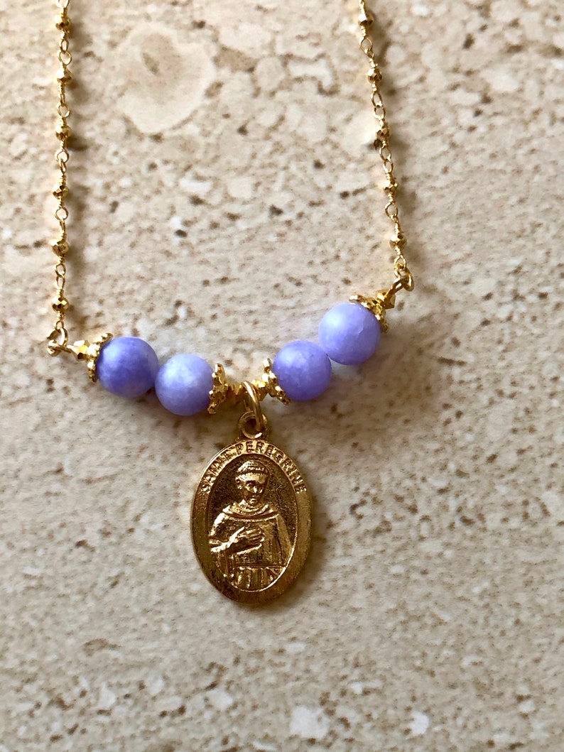 Saint Peregrine Necklace Saint Peregrine Pendant St Peregrine Necklace Patron Saint of Cancer Patients Purple Jade Religious Necklace image 1