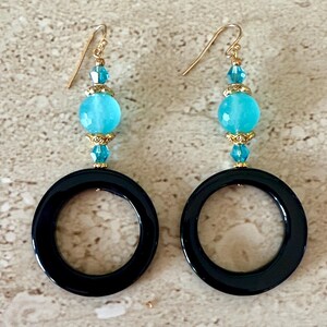 Black Onyx Earrings Donut Earrings Statement Aqua Chalcedony Earrings Bold Earrings Gemstone Black Onyx Circle Handmade Big Earrings Circle