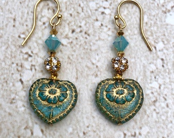 Heart Earrings Czech Glass Heart Earrings Aqua Czech Glass Earrings Heart Dangle Earring Rhinestone Heart Earrings Aqua Gold Valentines Gift