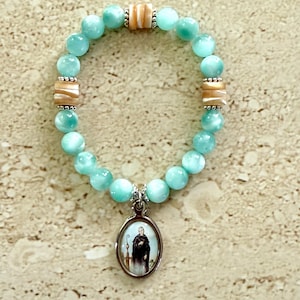 Saint Peregrine Bracelet Green Moonstone Mother of Pearl St Peregrine Bracelet Patron Saint of Cancer Patients Faith Jewelry Religious Gift