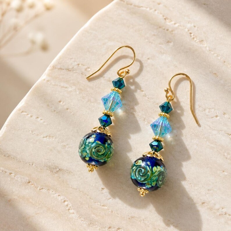 Murano Glass Earrings Venetian Glass Earrings Swirl Cobalt and Aqua Murano Earrings Blue Dangle Earrings Handmade Jewelry bild 6