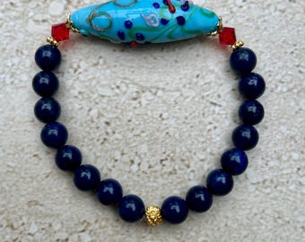 Lampwork Bracelet Floral Lampwork Bracelet Sodalite Stacking Bracelet Lampwork Gemstone Bracelet