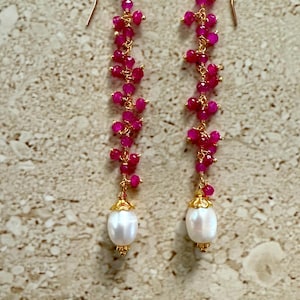 Long Earrings Hot Pink Earrings Pearl Long Earrings Cascade Hot Pink Long Earrings Pearl Long Earrings Handmade June Birthstone Statement