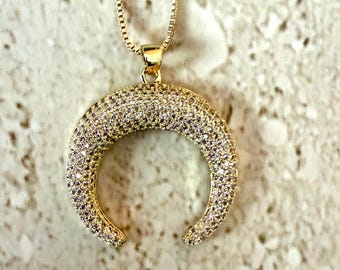 Horn Pendant Horn Necklace Gunmetal CZ Horn Pendant Horn Jewelry Marcasite Horn Crescent Moon Pendant Moon Necklace