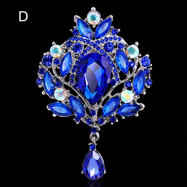 Extra Large Royal blue Silver tone Rhinestone Drop Brooch Embellishment  Dangling Dangle Teardrop Rhinestone Wedding Brooch Bouquet DIY