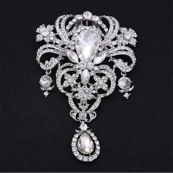 Énorme broche en cristal de strass Bouquet Embellissement Ornate Tone Drop Pin Clear Crystal Broach Pendant Wedding Party Brooch XD-7720