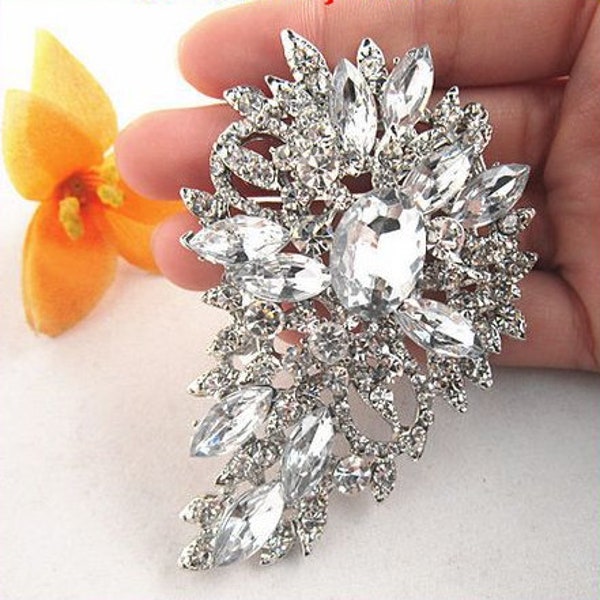 Large Crystal Rhinestone Brooch , Flower brooch, Broach Big Flower Brooch Sash DIY Supply Gold Pin ,Embellishment clear Crystal Brooch