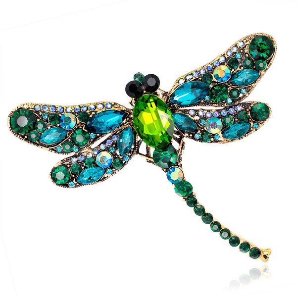 Extra Large Blue  green Rhinestone Brooch Gold Tone Embellishment dragonfly beautiful Style Rhinestone Broach for Wedding Brooch Bouquet Pin