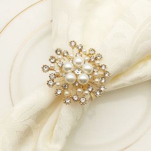 24 pcs Pearl Napkin Rings, Rhinestone Wedding Napkin Rings Table Decor Diamante,Large Bridal Silver or Gold Metal Pearl Crystal Rhinestone